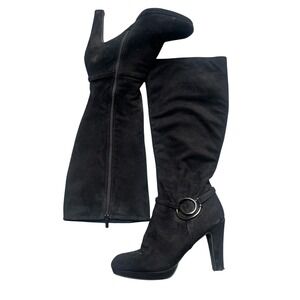 Y2K Black Suede Knee High Boots Heels Silver Accent W Size 10 Stretchy Impo